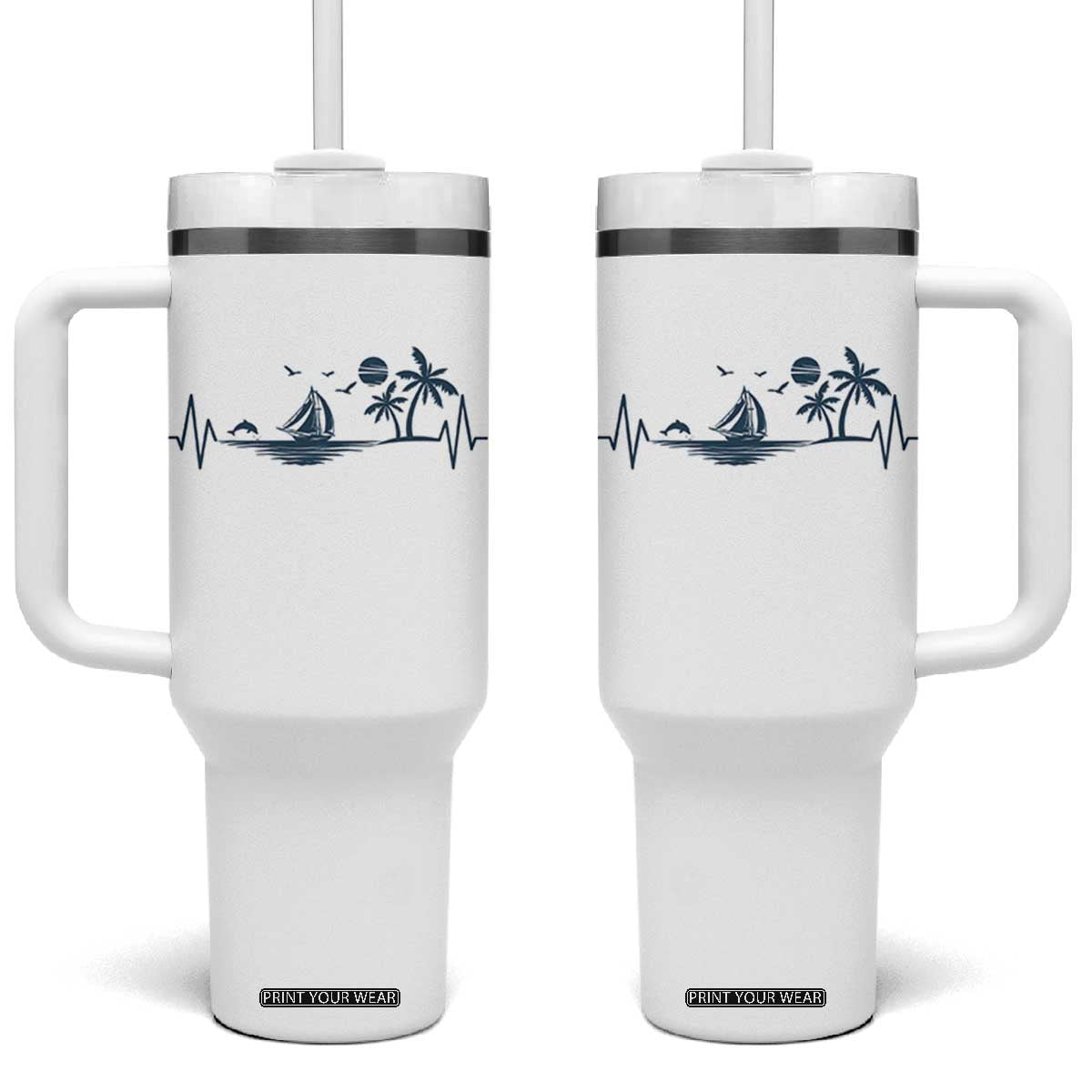 Summer Vacation Heartbeat Pulse Sunset Silhouette Tumbler With Handle Tropical Island Lover TS12 One Size: 40 oz White Print Your Wear