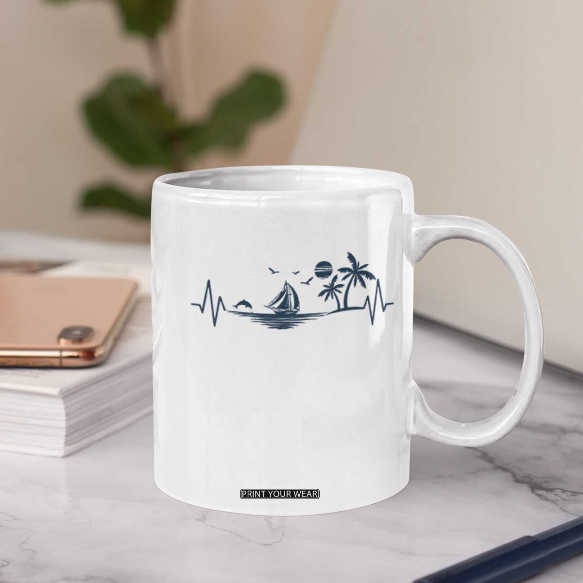 Summer Vacation Heartbeat Pulse Sunset Silhouette Coffee Mug Tropical Island Lover TS12 Print Your Wear