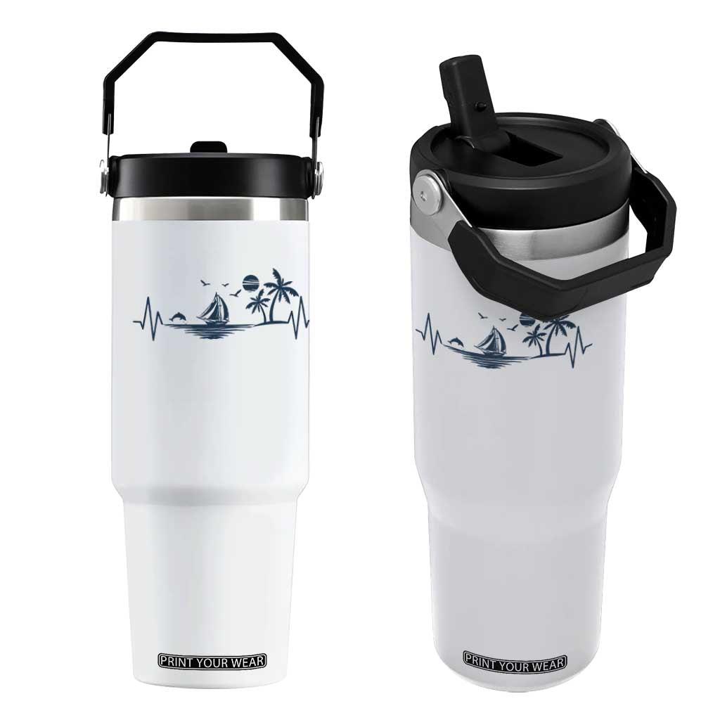 Summer Vacation Heartbeat Pulse Sunset Silhouette Flip Straw Tumbler Tropical Island Lover TS12 One Size: 30 oz White Print Your Wear