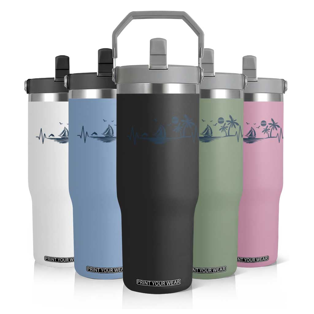 Summer Vacation Heartbeat Pulse Sunset Silhouette Flip Straw Tumbler Tropical Island Lover TS12 Print Your Wear