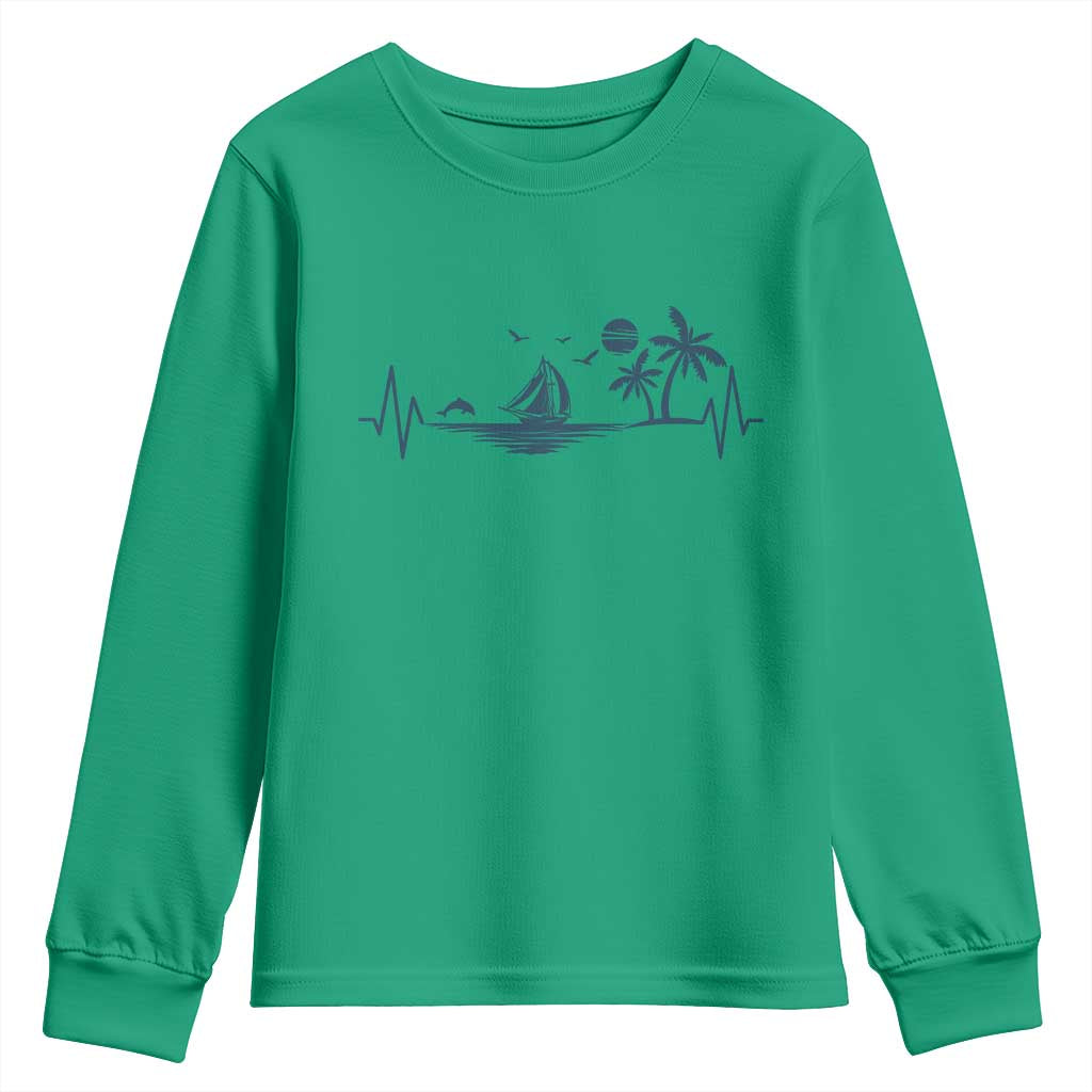 Summer Vacation Heartbeat Pulse Sunset Silhouette Youth Sweatshirt Tropical Island Lover TS12 Irish Green Print Your Wear