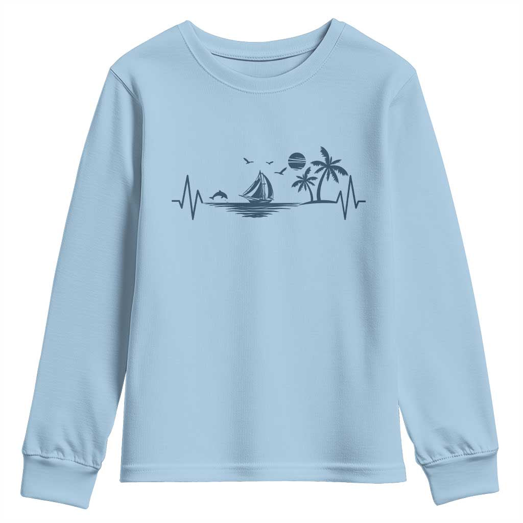 Summer Vacation Heartbeat Pulse Sunset Silhouette Youth Sweatshirt Tropical Island Lover TS12 Light Blue Print Your Wear
