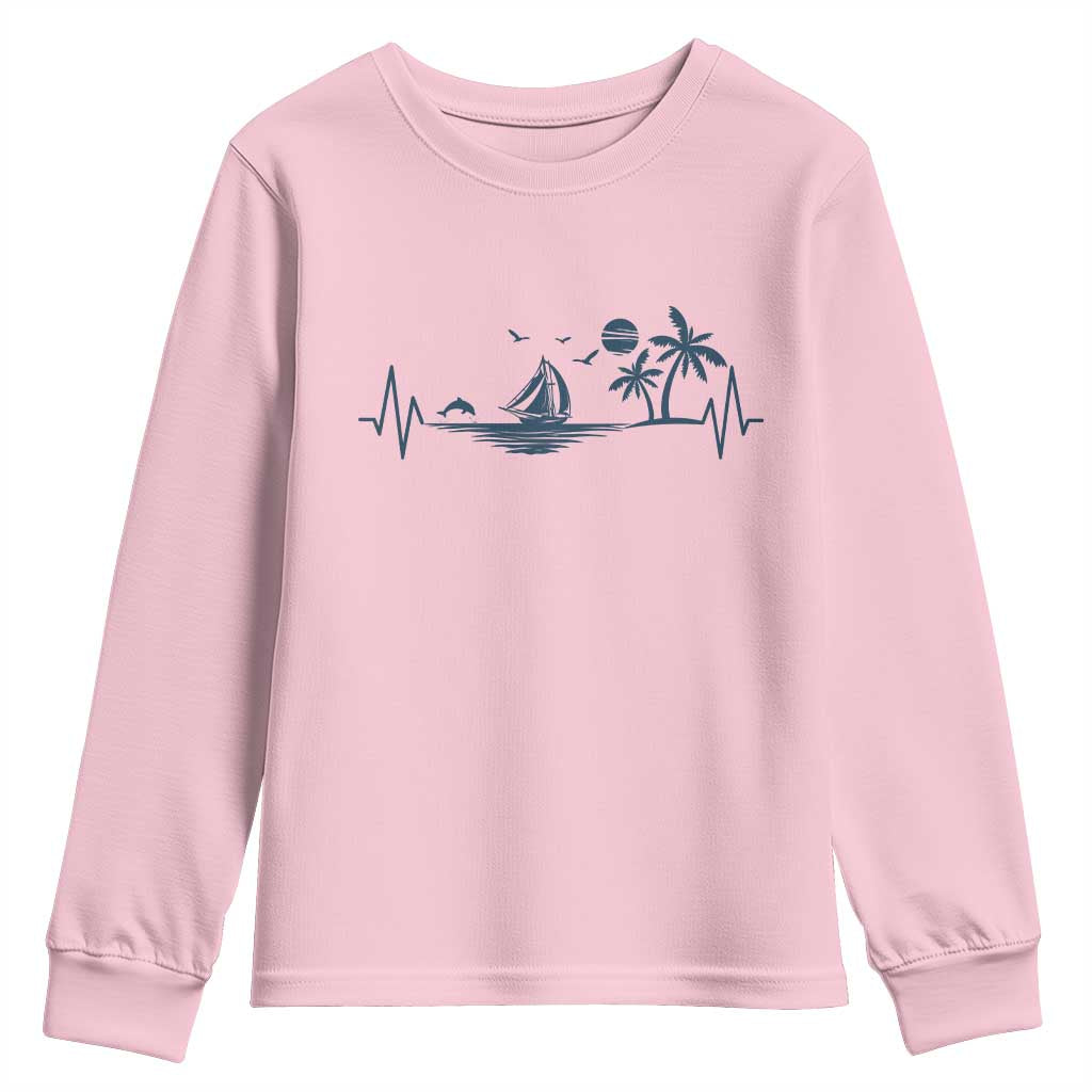 Summer Vacation Heartbeat Pulse Sunset Silhouette Youth Sweatshirt Tropical Island Lover TS12 Light Pink Print Your Wear