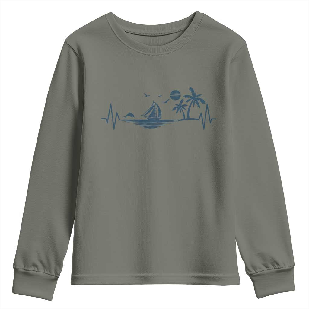 Summer Vacation Heartbeat Pulse Sunset Silhouette Youth Sweatshirt Tropical Island Lover TS12 Military Green Print Your Wear