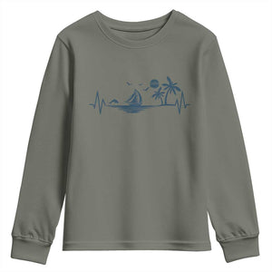 Summer Vacation Heartbeat Pulse Sunset Silhouette Youth Sweatshirt Tropical Island Lover TS12 Military Green Print Your Wear