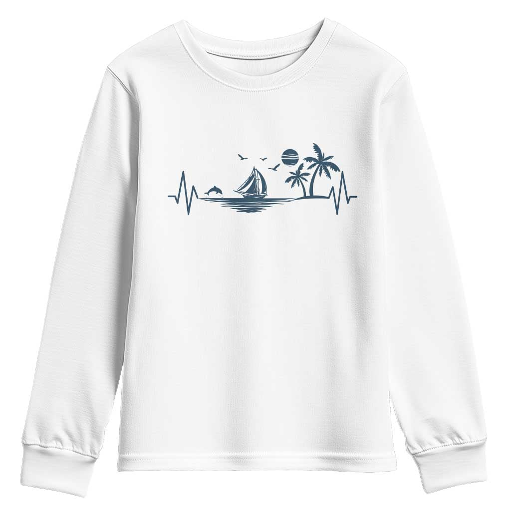 Summer Vacation Heartbeat Pulse Sunset Silhouette Youth Sweatshirt Tropical Island Lover TS12 White Print Your Wear