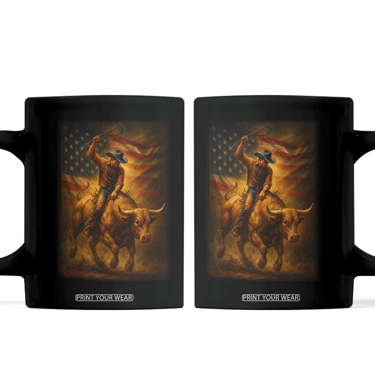 Patriotic Cowboy Coffee Mug American Bucking Bull Rider USA Rodeo Art TS12 Black Print Your Wear