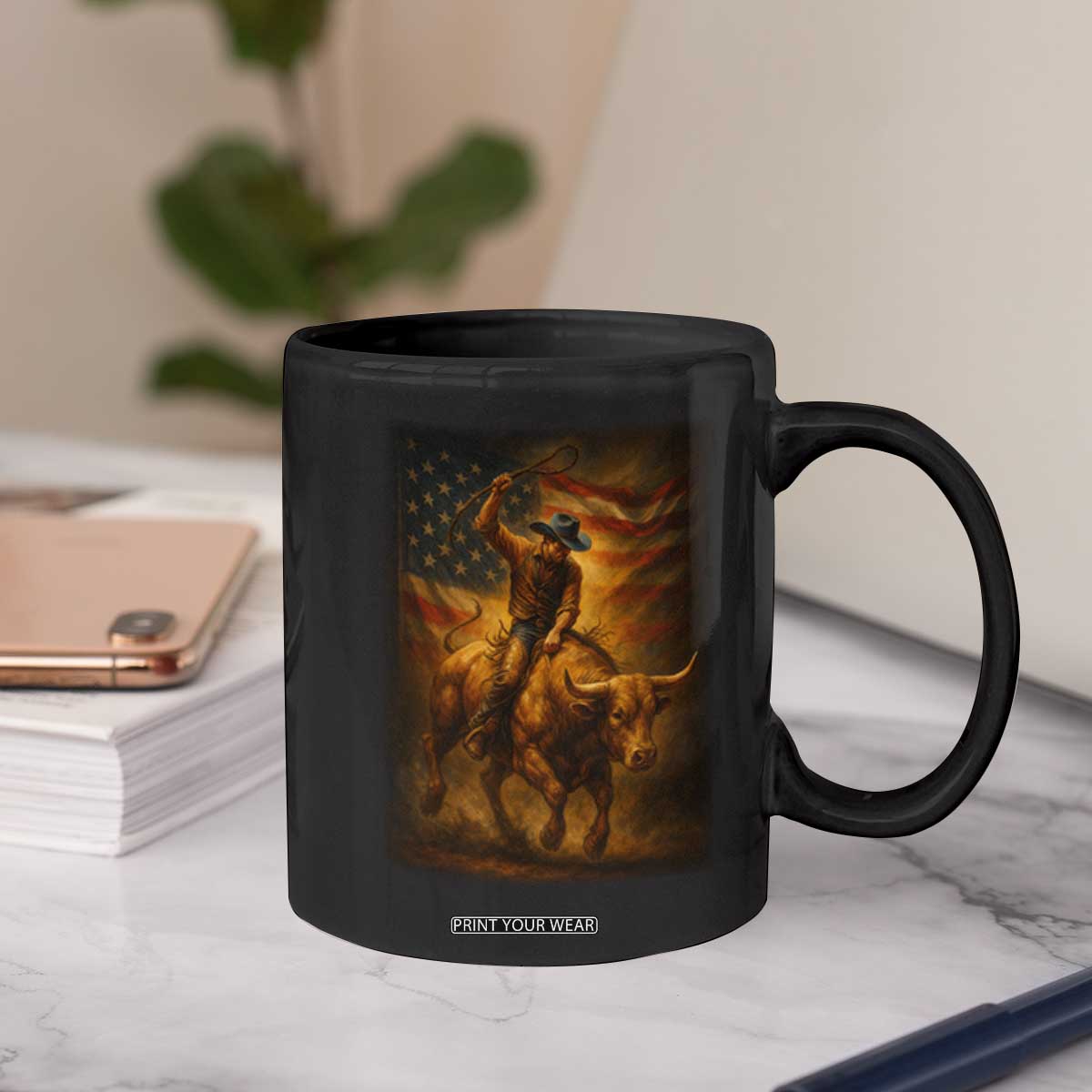 Patriotic Cowboy Coffee Mug American Bucking Bull Rider USA Rodeo Art TS12 Print Your Wear