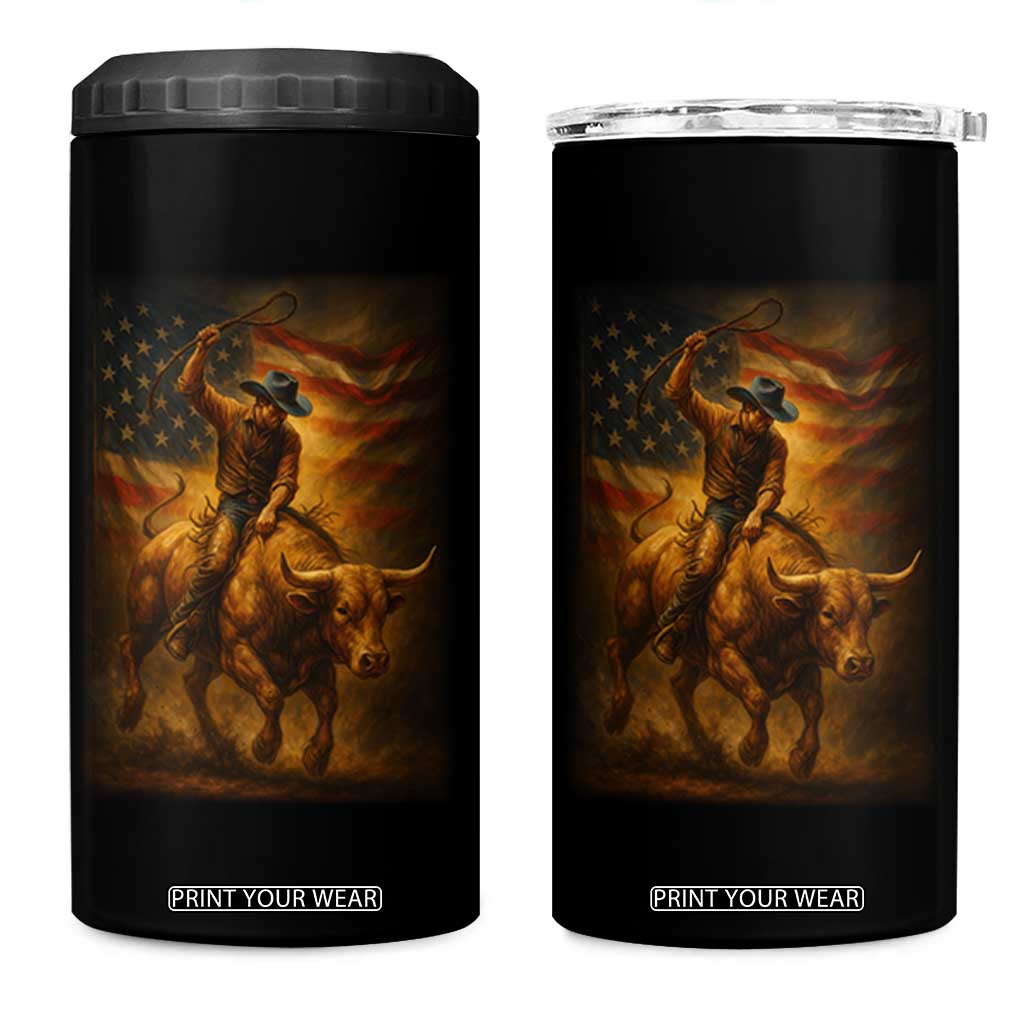 Patriotic Cowboy 4 in 1 Can Cooler Tumbler American Bucking Bull Rider USA Rodeo Art TS12 One Size: 16 oz Black Print Your Wear