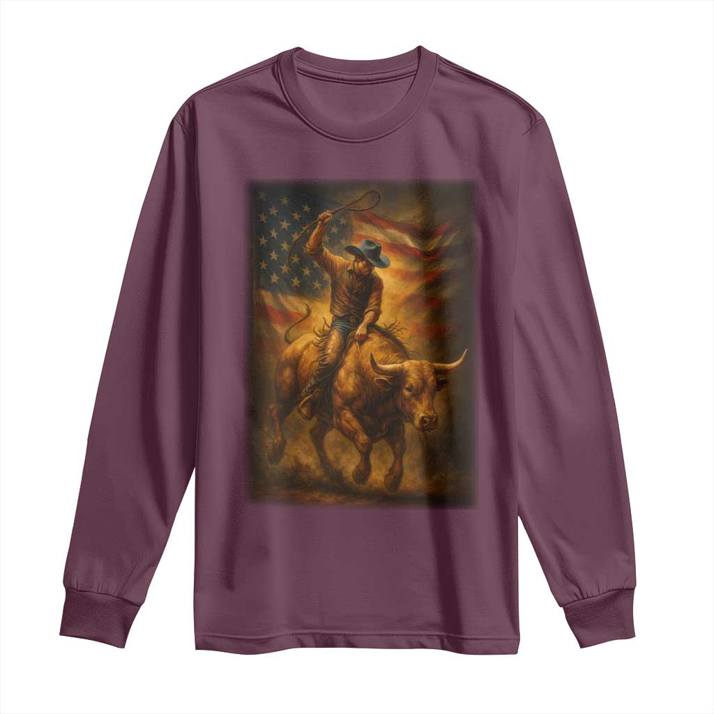 Patriotic Cowboy Long Sleeve Shirt American Bucking Bull Rider USA Rodeo Art TS12 Maroon Print Your Wear