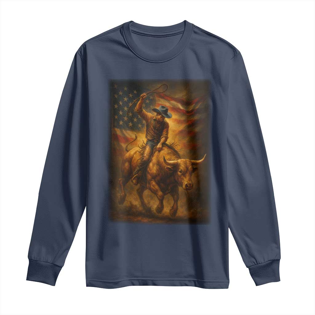 Patriotic Cowboy Long Sleeve Shirt American Bucking Bull Rider USA Rodeo Art TS12 Navy Print Your Wear