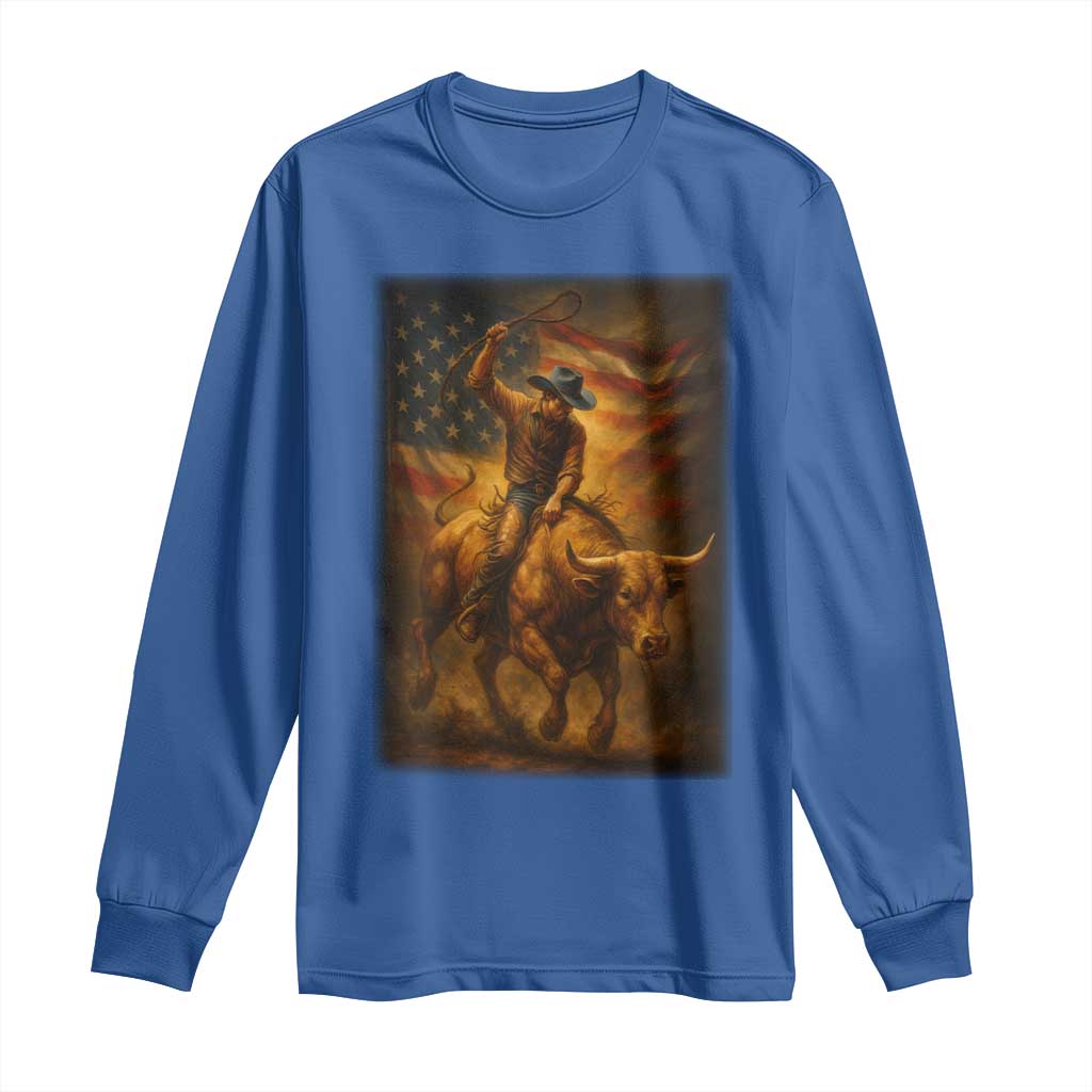 Patriotic Cowboy Long Sleeve Shirt American Bucking Bull Rider USA Rodeo Art TS12 Royal Blue Print Your Wear