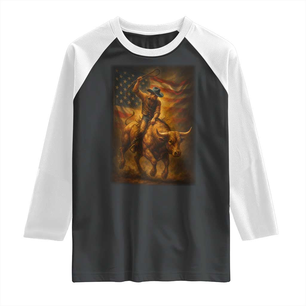 Patriotic Cowboy Raglan Shirt American Bucking Bull Rider USA Rodeo Art TS12 Black White Print Your Wear