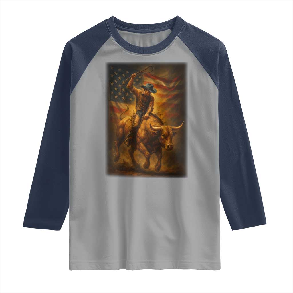 Patriotic Cowboy Raglan Shirt American Bucking Bull Rider USA Rodeo Art TS12 Sport Gray Navy Print Your Wear