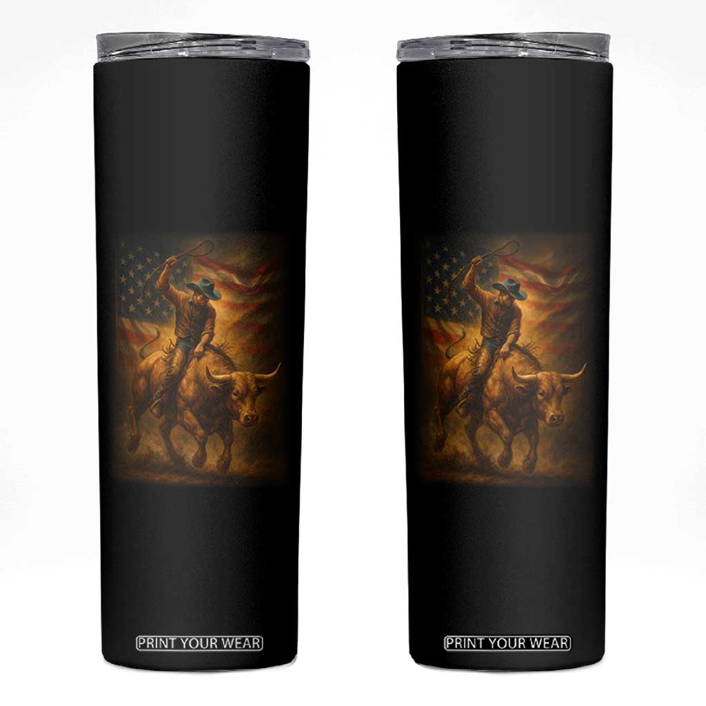 Patriotic Cowboy Skinny Tumbler American Bucking Bull Rider USA Rodeo Art TS12 Black Print Your Wear