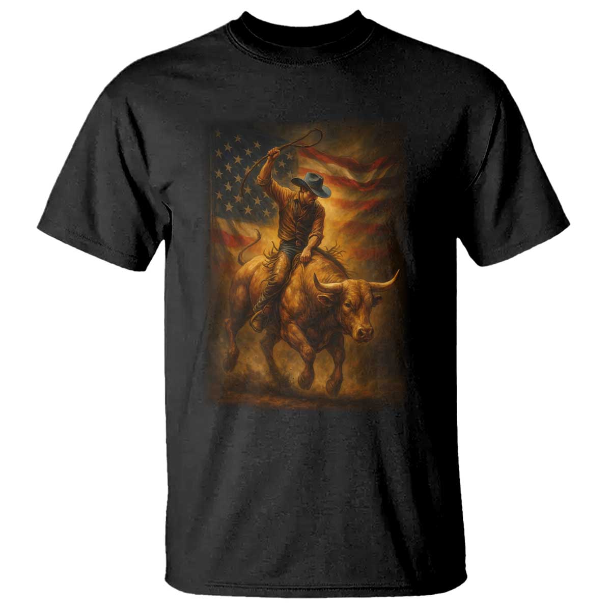 Patriotic Cowboy T Shirt American Bucking Bull Rider USA Rodeo Art TS12 Black Print Your Wear