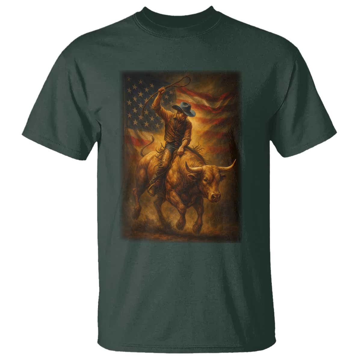 Patriotic Cowboy T Shirt American Bucking Bull Rider USA Rodeo Art TS12 Dark Forest Green Print Your Wear