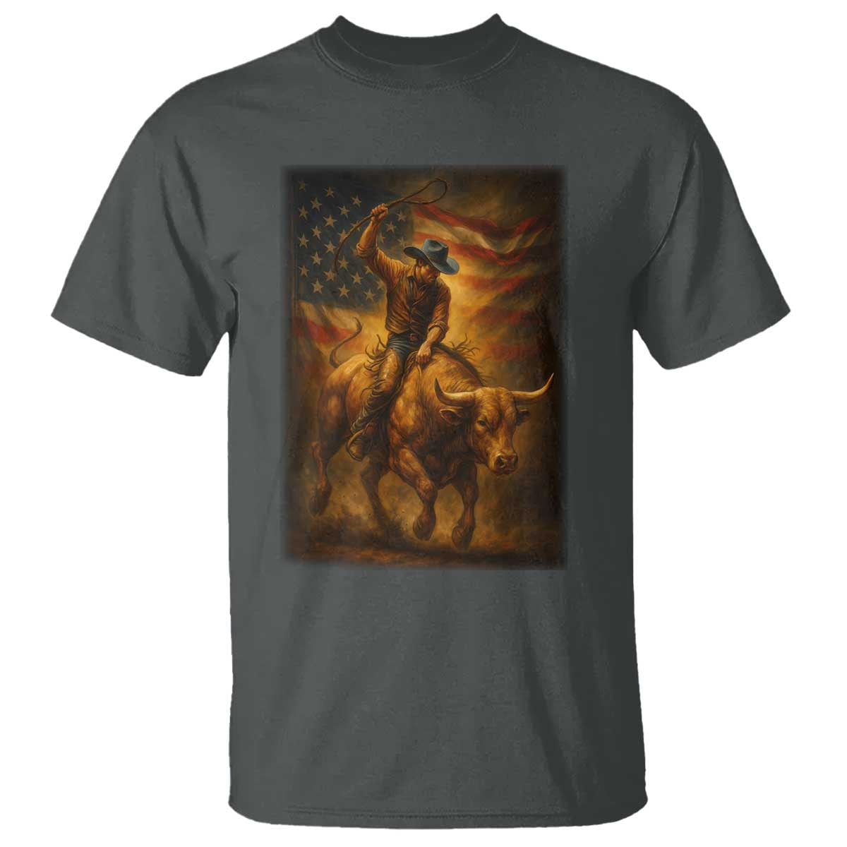 Patriotic Cowboy T Shirt American Bucking Bull Rider USA Rodeo Art TS12 Dark Heather Print Your Wear