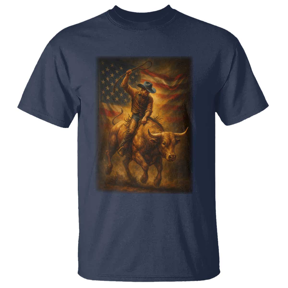Patriotic Cowboy T Shirt American Bucking Bull Rider USA Rodeo Art TS12 Navy Print Your Wear