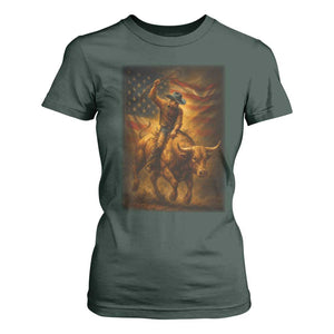 Patriotic Cowboy T Shirt For Women American Bucking Bull Rider USA Rodeo Art TS12 Dark Forest Green Print Your Wear