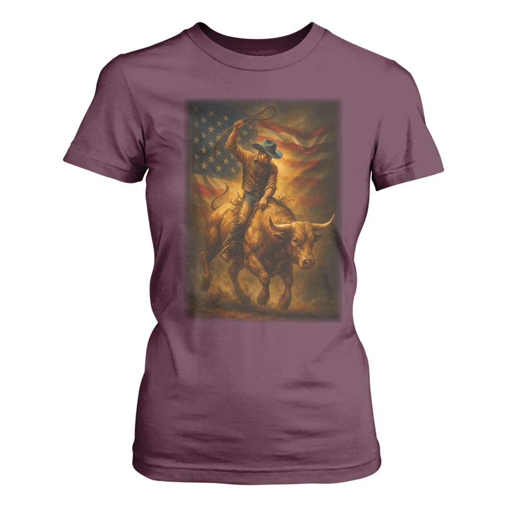 Patriotic Cowboy T Shirt For Women American Bucking Bull Rider USA Rodeo Art TS12 Maroon Print Your Wear