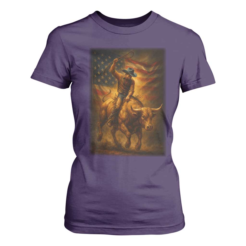 Patriotic Cowboy T Shirt For Women American Bucking Bull Rider USA Rodeo Art TS12 Purple Print Your Wear