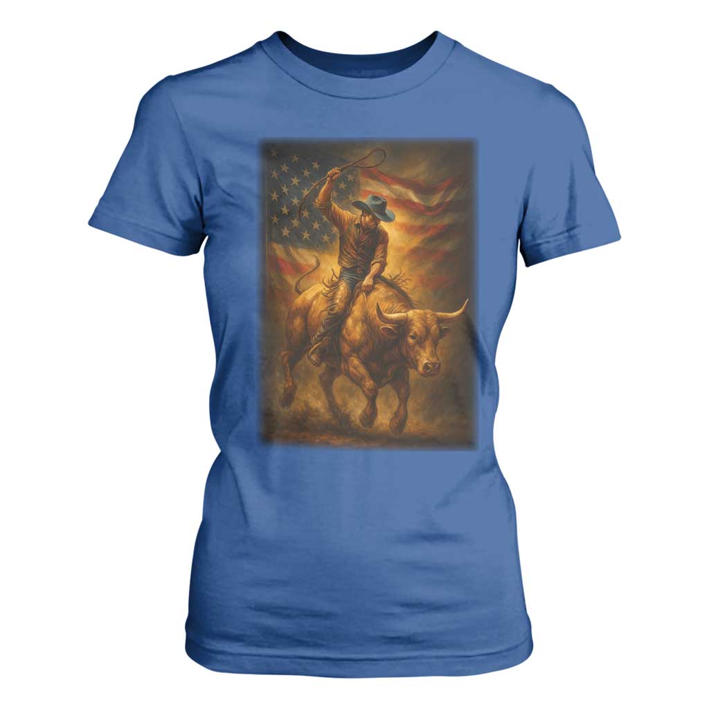 Patriotic Cowboy T Shirt For Women American Bucking Bull Rider USA Rodeo Art TS12 Royal Blue Print Your Wear