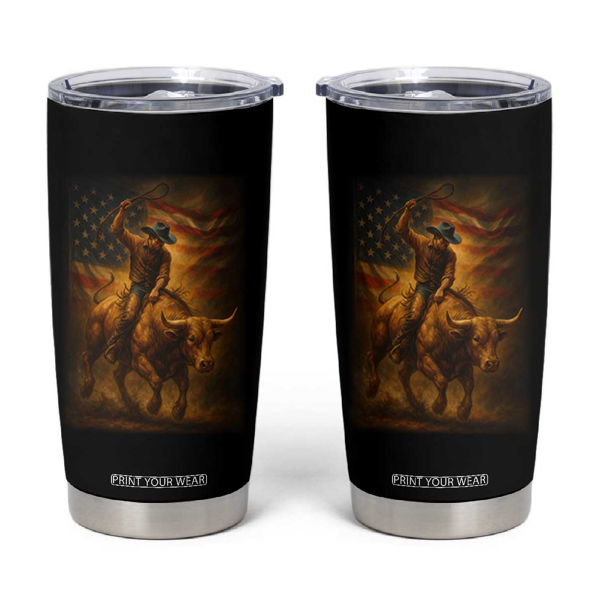 Patriotic Cowboy Tumbler Cup American Bucking Bull Rider USA Rodeo Art TS12 Black Print Your Wear