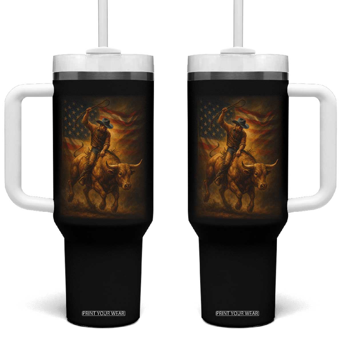 Patriotic Cowboy Tumbler With Handle American Bucking Bull Rider USA Rodeo Art TS12 One Size: 40 oz Black Print Your Wear