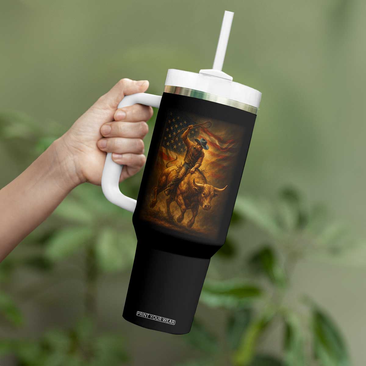 Patriotic Cowboy Tumbler With Handle American Bucking Bull Rider USA Rodeo Art TS12 Print Your Wear