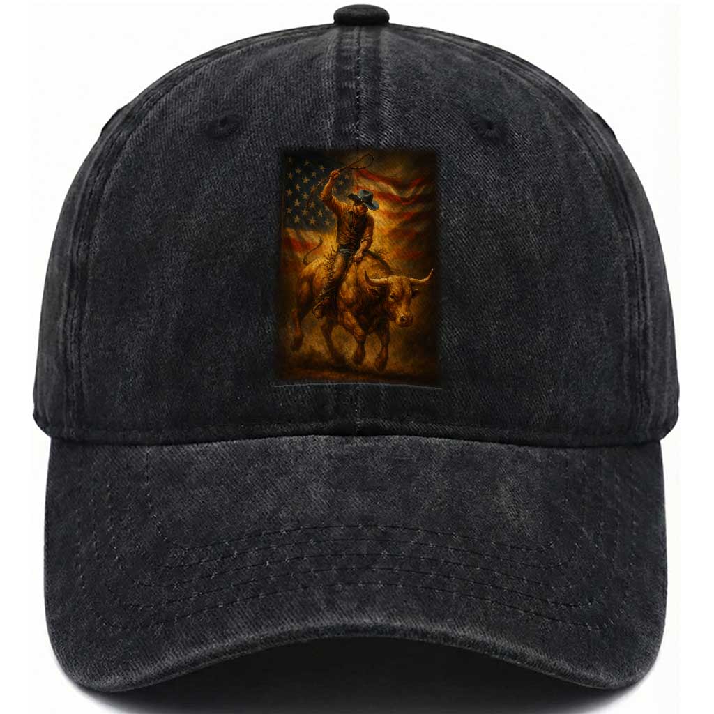 Patriotic Cowboy Washed Cotton Baseball Cap American Bucking Bull Rider USA Rodeo Art TS12 Washed Cap Universal Fit Black Print Your Wear