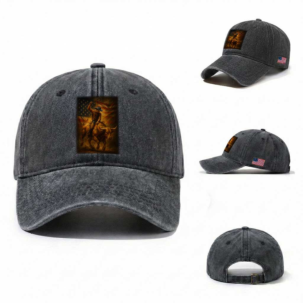 Patriotic Cowboy Washed Cotton Baseball Cap American Bucking Bull Rider USA Rodeo Art TS12 Washed Cap Universal Fit Dark Gray Print Your Wear