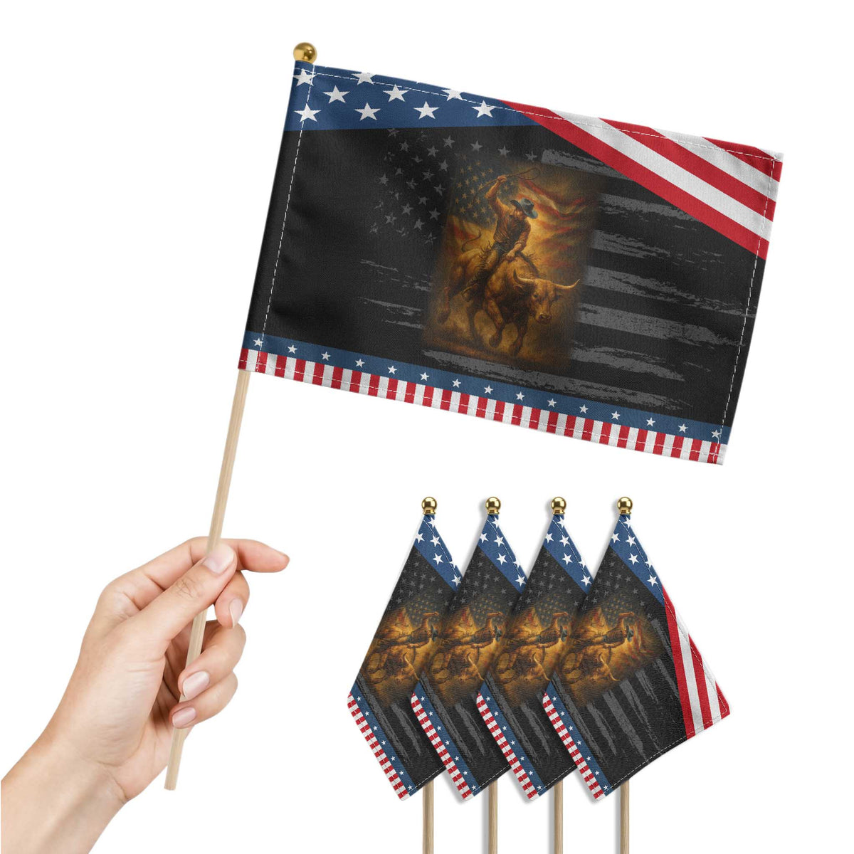 Patriotic Cowboy Patriotic Handheld Flag American Bucking Bull Rider USA Rodeo Art TS12 Print Your Wear