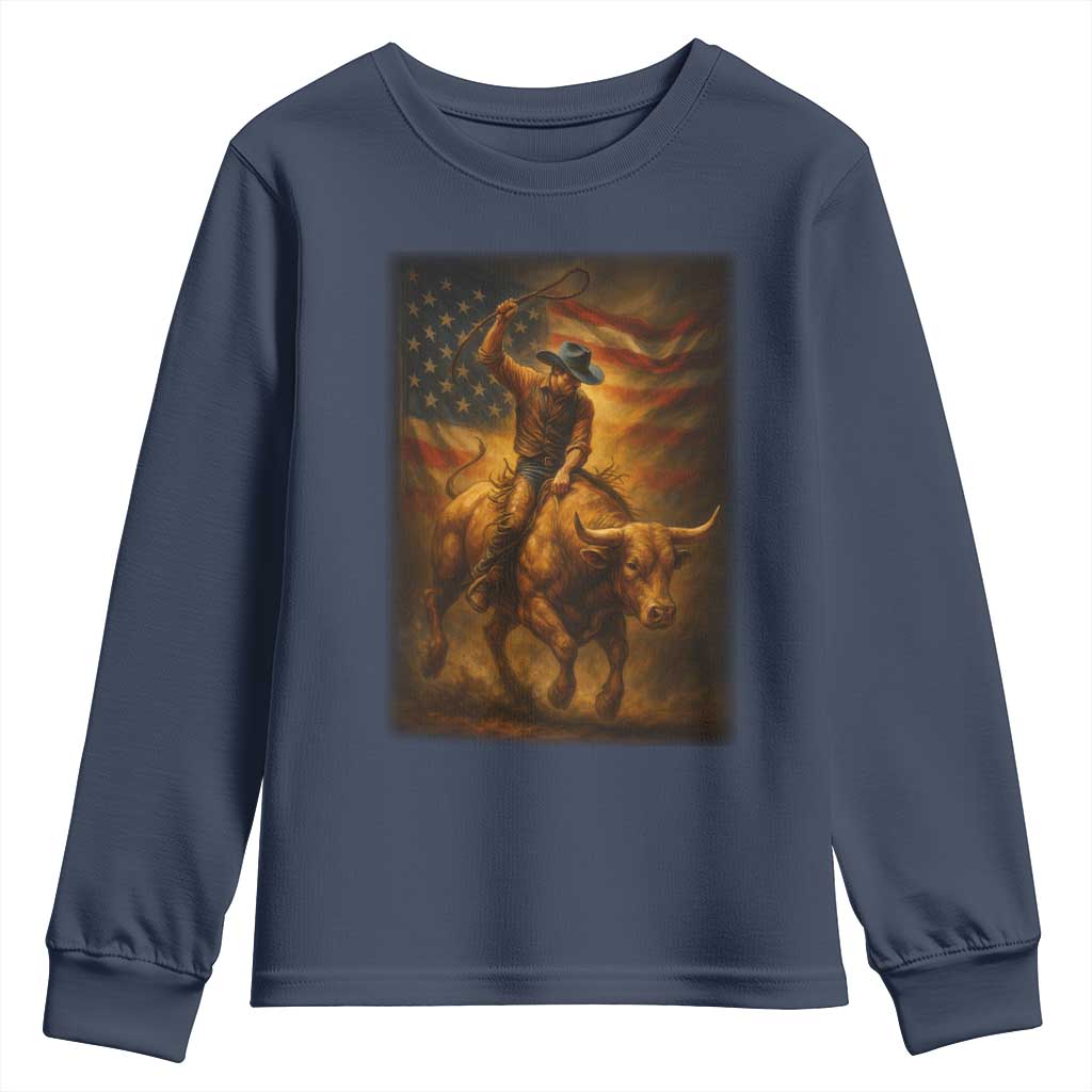 Patriotic Cowboy Youth Sweatshirt American Bucking Bull Rider USA Rodeo Art TS12 Navy Print Your Wear