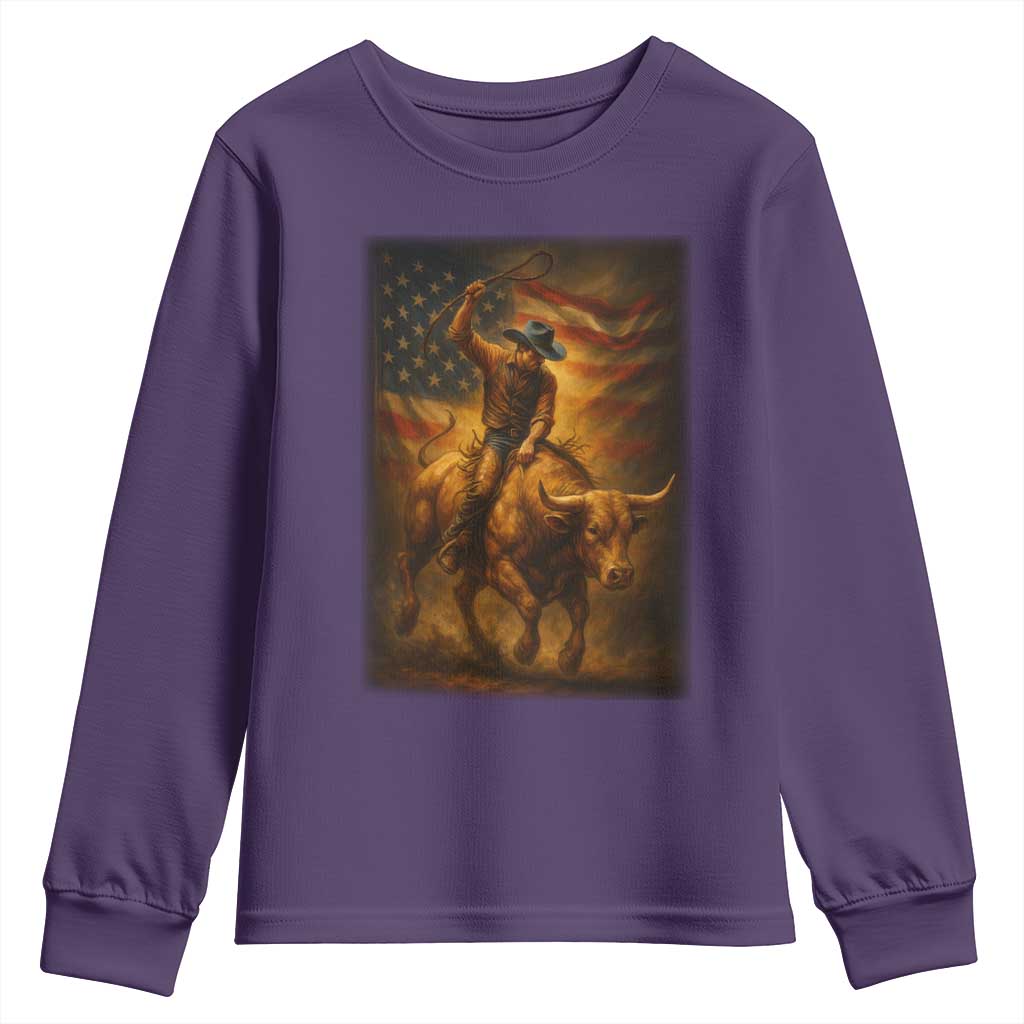 Patriotic Cowboy Youth Sweatshirt American Bucking Bull Rider USA Rodeo Art TS12 Purple Print Your Wear