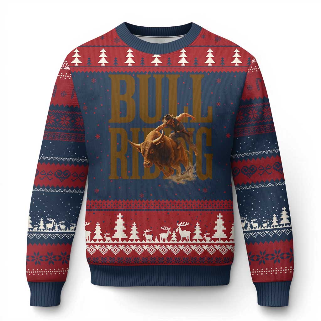 Bull Riding Cowboy Western Texas Rodeo Life Ugly Christmas Sweater TS12 Navy Red Print Your Wear