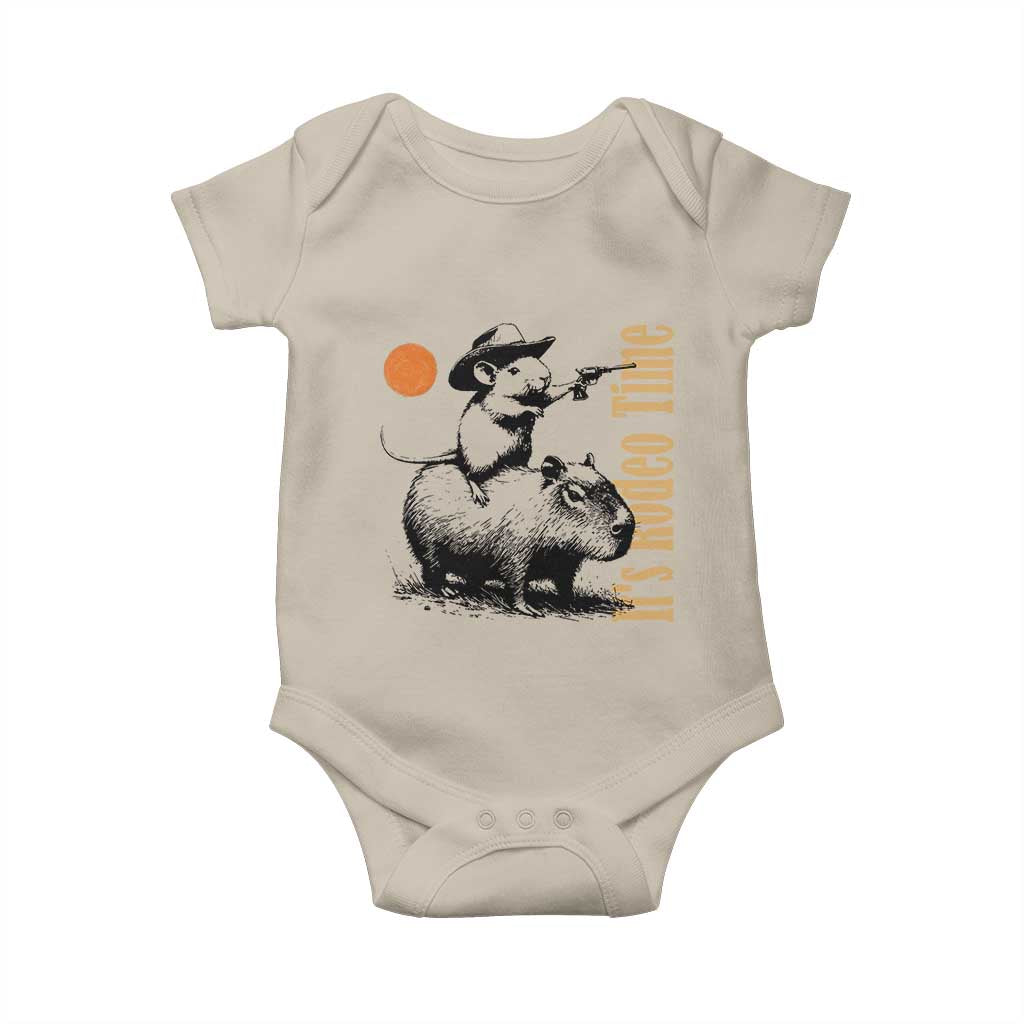 It Is Rodeo Time Baby Onesie Funny Wild West Mouse Riding Capybara TS12 Sand Print Your Wear