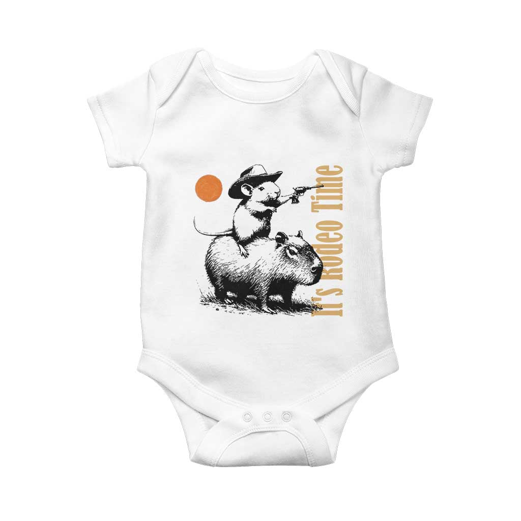 It Is Rodeo Time Baby Onesie Funny Wild West Mouse Riding Capybara TS12 White Print Your Wear