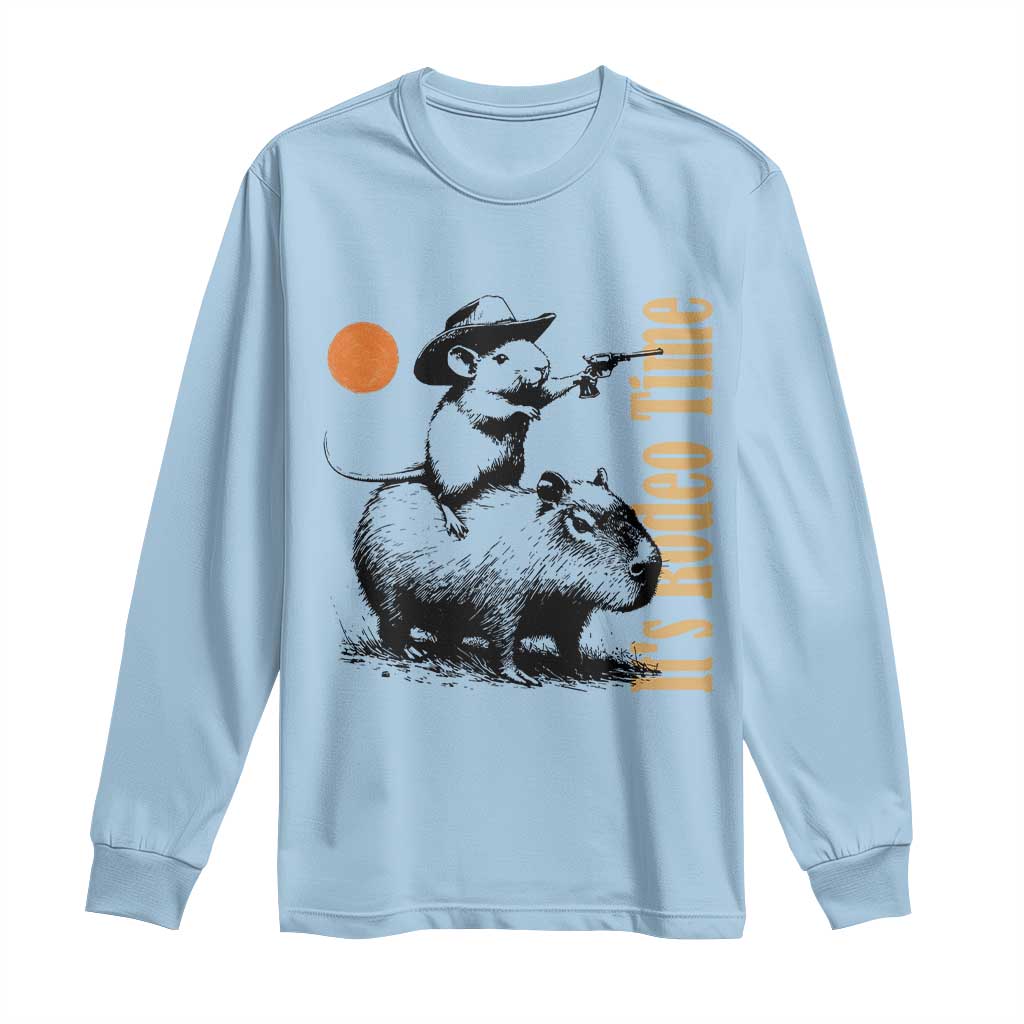 It Is Rodeo Time Long Sleeve Shirt Funny Wild West Mouse Riding Capybara TS12 Light Blue Print Your Wear