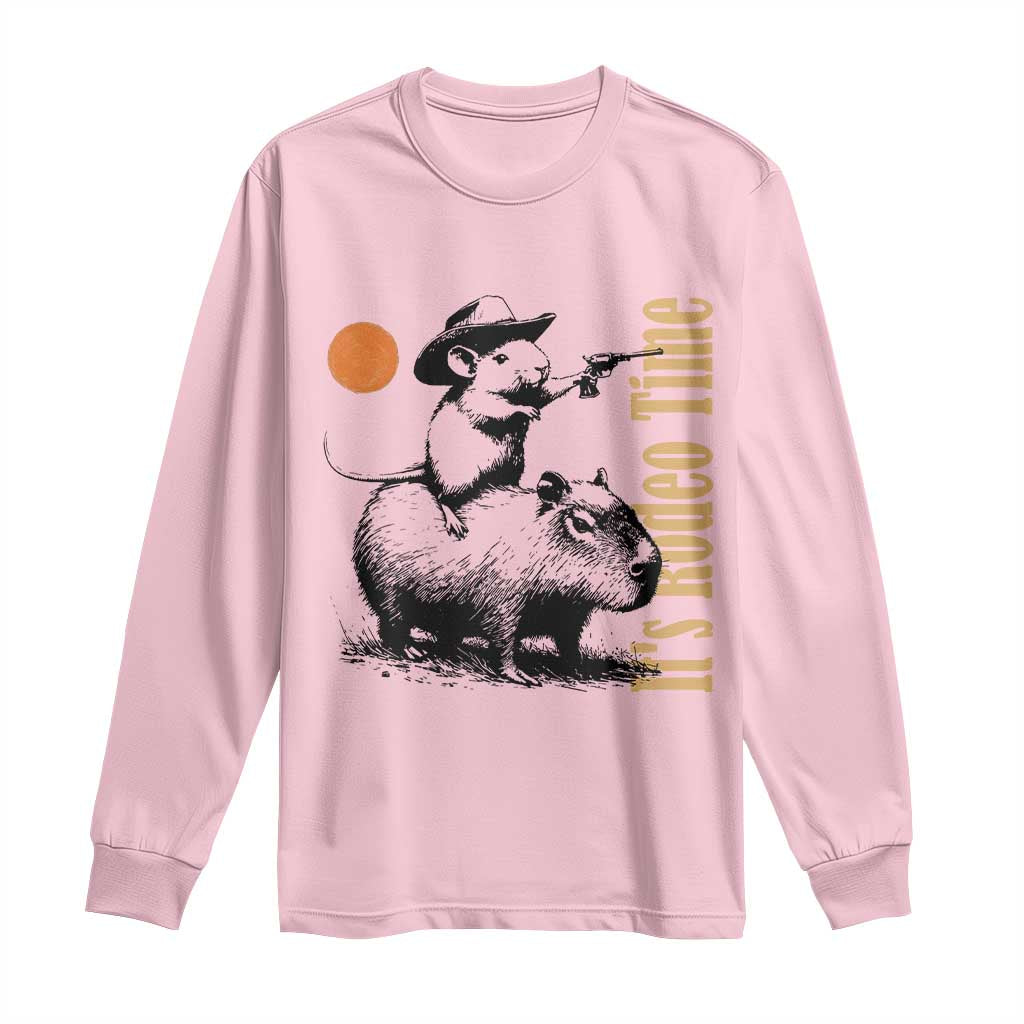 It Is Rodeo Time Long Sleeve Shirt Funny Wild West Mouse Riding Capybara TS12 Light Pink Print Your Wear