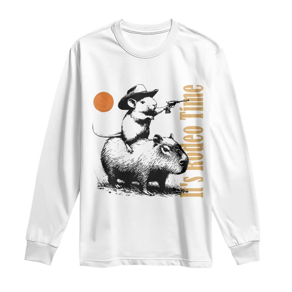 It Is Rodeo Time Long Sleeve Shirt Funny Wild West Mouse Riding Capybara TS12 White Print Your Wear