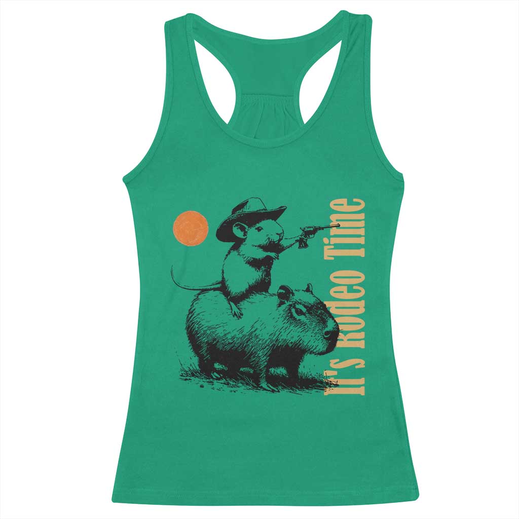 It Is Rodeo Time Racerback Tank Top Funny Wild West Mouse Riding Capybara TS12 Irish Green Print Your Wear