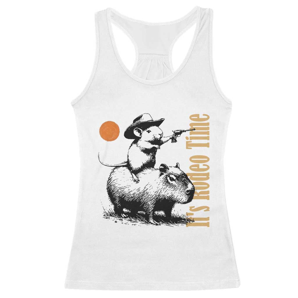 It Is Rodeo Time Racerback Tank Top Funny Wild West Mouse Riding Capybara TS12 White Print Your Wear