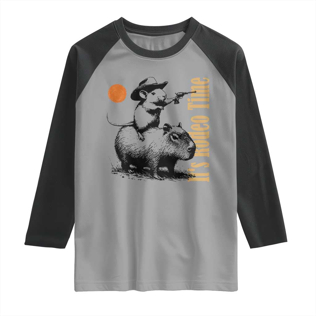 It Is Rodeo Time Raglan Shirt Funny Wild West Mouse Riding Capybara TS12 Sport Gray Black Print Your Wear