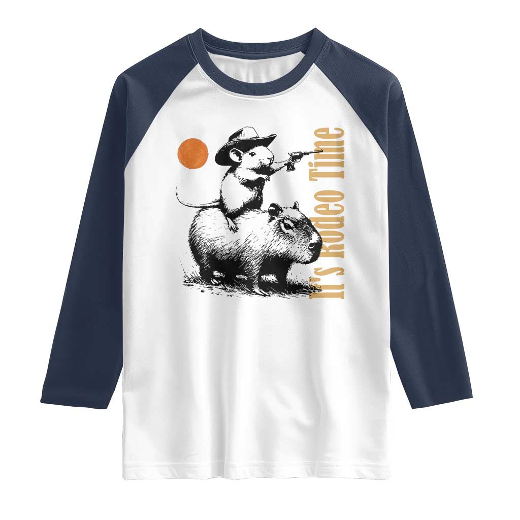 It Is Rodeo Time Raglan Shirt Funny Wild West Mouse Riding Capybara TS12 White Navy Print Your Wear
