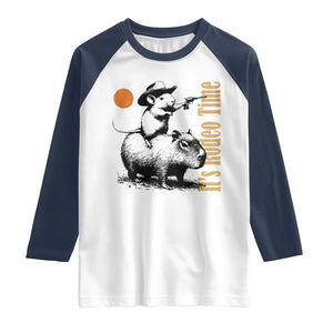 It Is Rodeo Time Raglan Shirt Funny Wild West Mouse Riding Capybara TS12 White Navy Print Your Wear