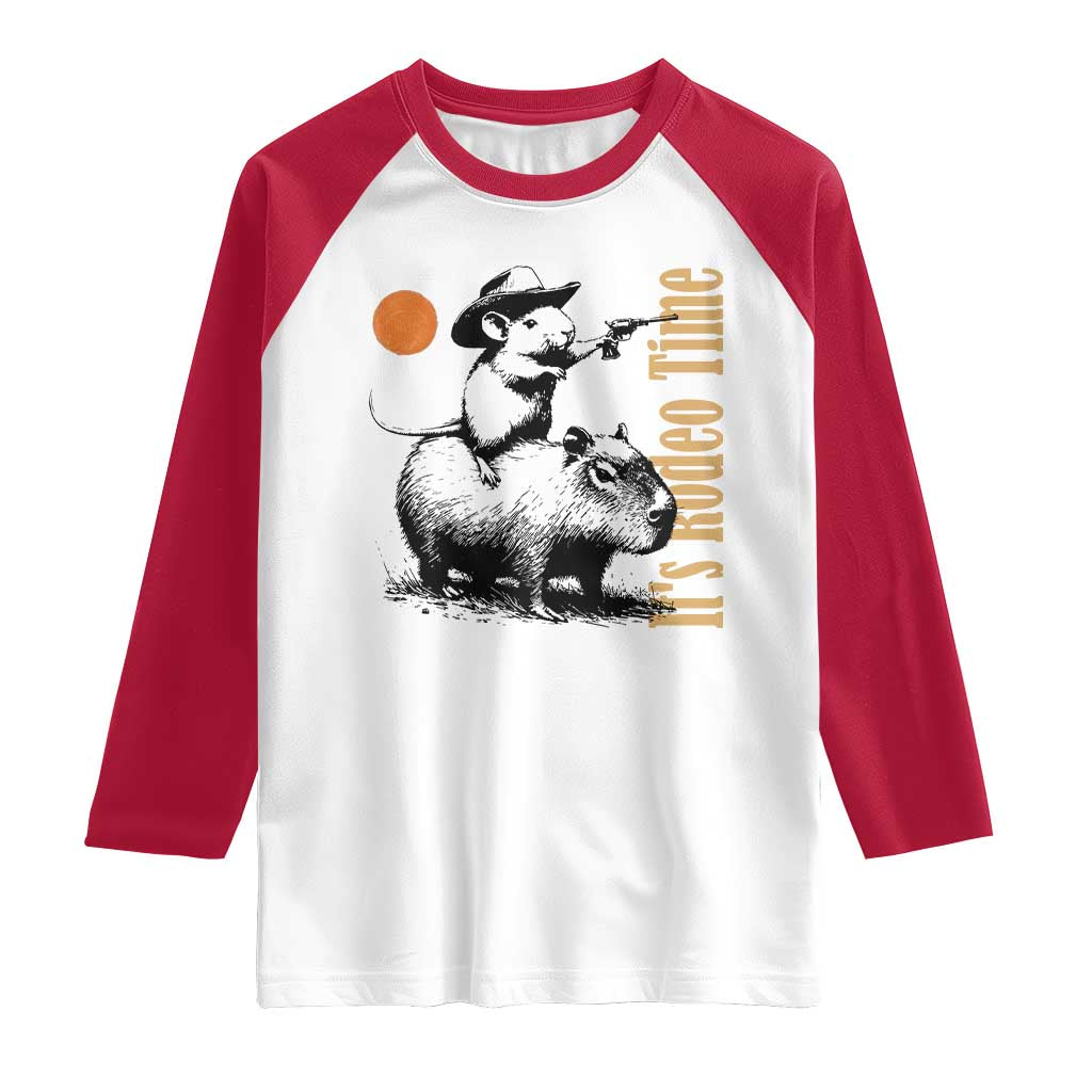 It Is Rodeo Time Raglan Shirt Funny Wild West Mouse Riding Capybara TS12 White Red Print Your Wear