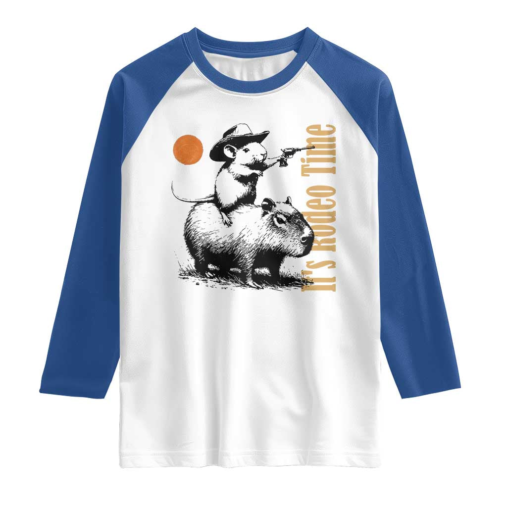 It Is Rodeo Time Raglan Shirt Funny Wild West Mouse Riding Capybara TS12 White Royal Print Your Wear