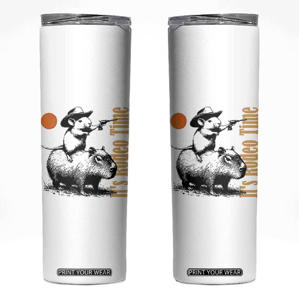 It Is Rodeo Time Skinny Tumbler Funny Wild West Mouse Riding Capybara TS12 White Print Your Wear