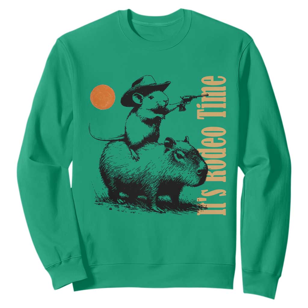 It Is Rodeo Time Sweatshirt Funny Wild West Mouse Riding Capybara TS12 Irish Green Print Your Wear